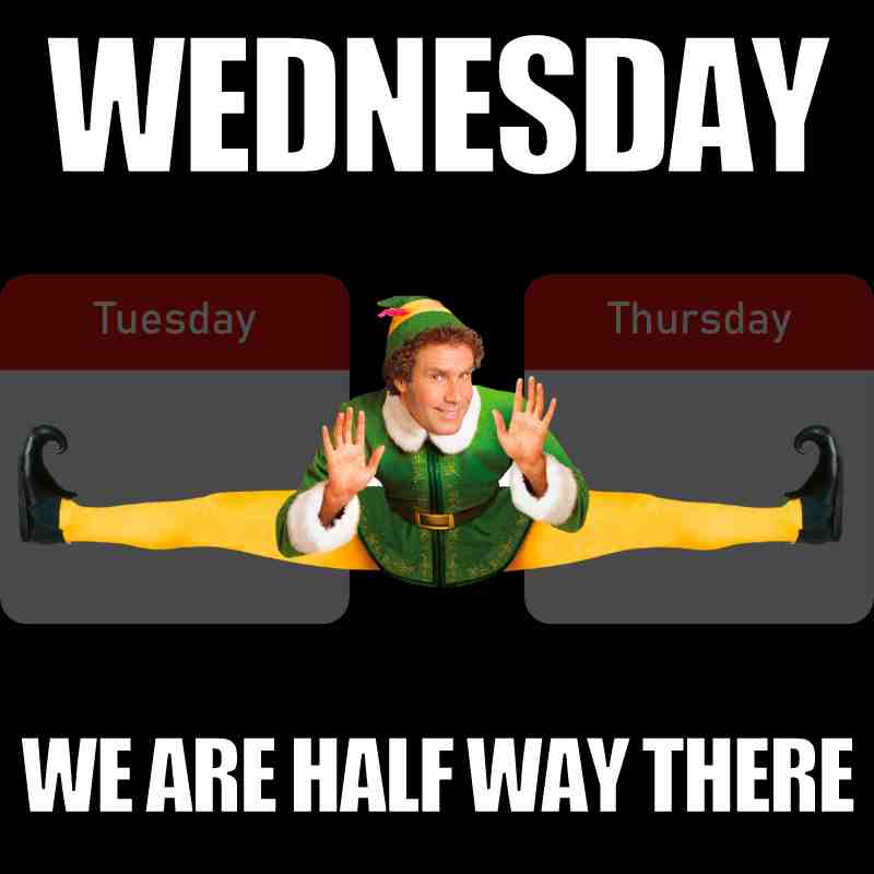 wednesday december meme A meme featuring a person dressed as an elf doing a split between the words 'Tuesday' and 'Thursday' with 'Wednesday' above, captioned 'We Are Halfway There.'
