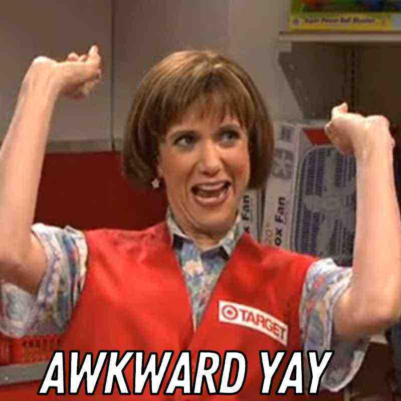 awkward yay meme A hilarious 'awkward yay' meme featuring a person in a store uniform celebrating with overly enthusiastic arm movements and a goofy expression, perfectly capturing those awkward victory moments. Text reads: 'AWKWARD YAY.'