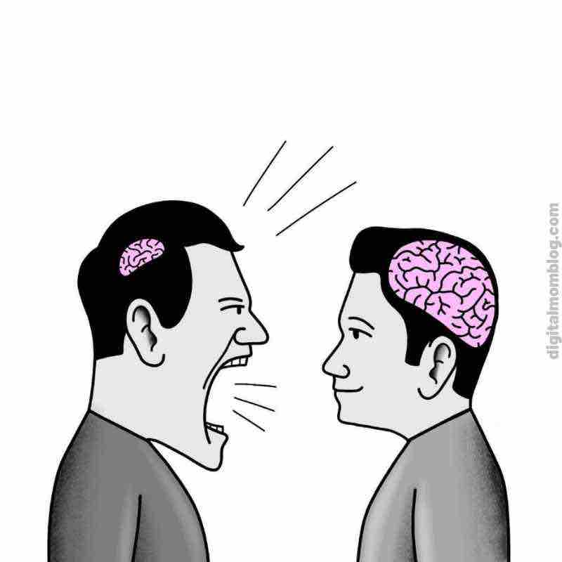 blank small brain big brain meme template Meme of two men, one angrily yelling with a small brain, and the other smiling calmly with a big brain, humorously illustrating different levels of understanding.
