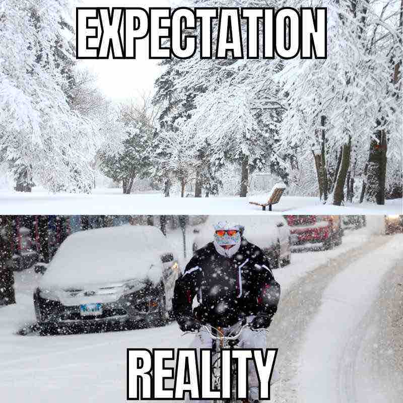 expectation vs reality snow meme Meme showing 'Expectation' of a serene snowy park and 'Reality' of a bundledup person biking through a blizzard.