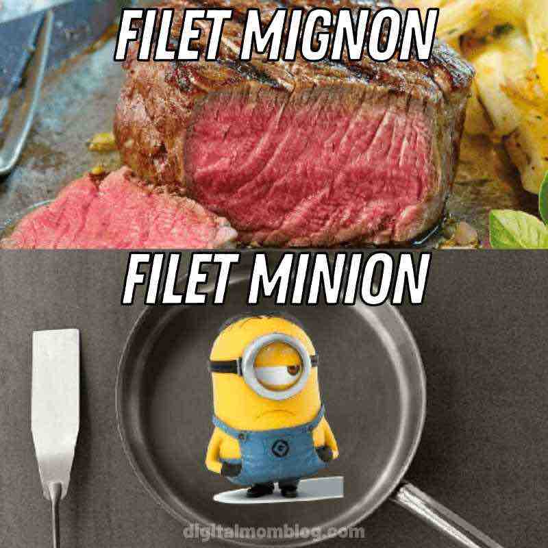 filete minion meme Meme with a delicious steak labeled 'Filet Mignon' above and a grumpy Minion standing in a frying pan labeled 'Filet Minion.' Perfect meme mashup for foodies and Minion fans alike!