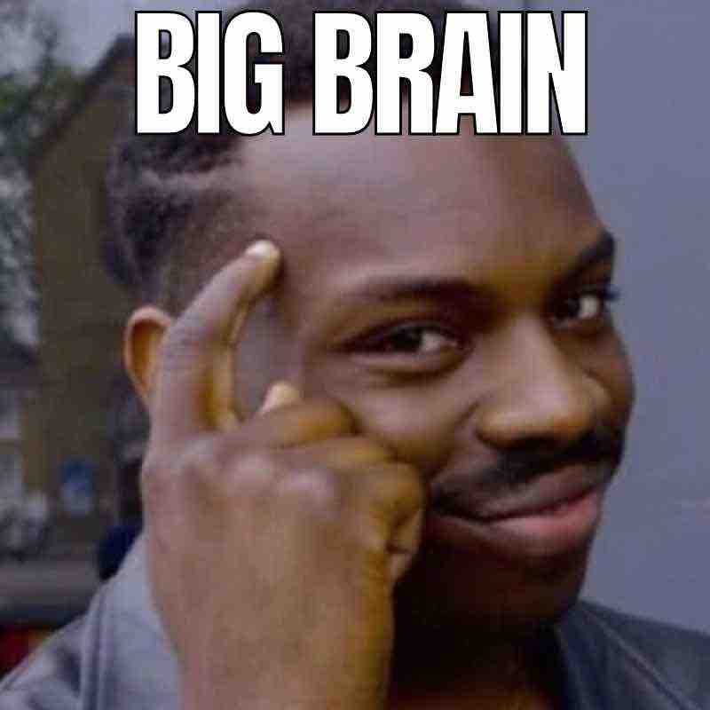 funny big brain meme Meme of a person tapping their temple with a knowing smirk and the caption 'BIG BRAIN', exemplifying galaxybrain levels of cleverness.