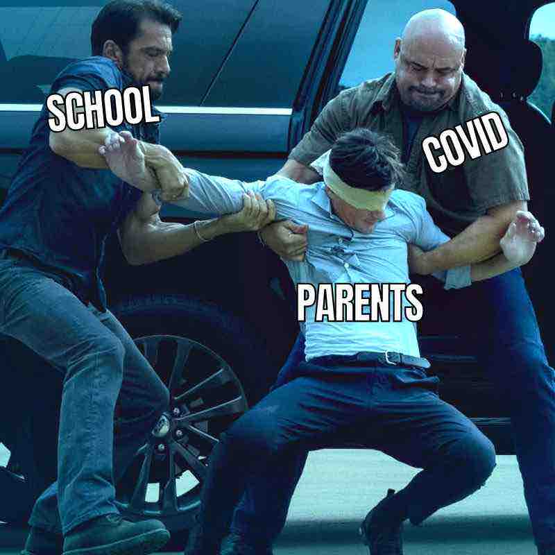 funny ozark parents meme Humorous parenting meme showing a scene where an actor labeled 'Parents' is being dragged in two different directions by 'School' and 'COVID,' symbolizing the struggle of parents balancing education and pandemic challenges.