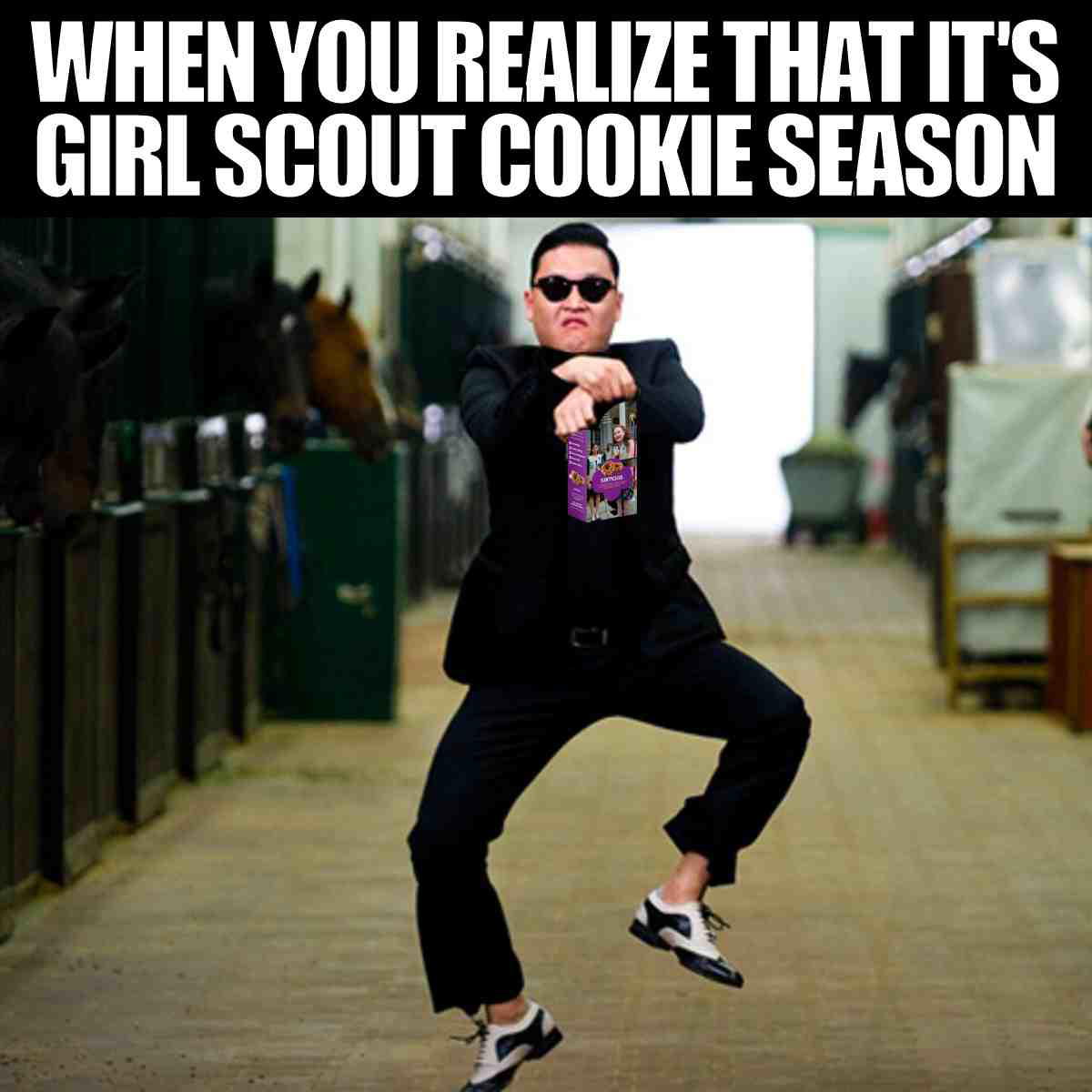 girl scout cookies meme Comical meme featuring a man doing a dance, clutching a box of Girl Scout cookies, with the text 'When you realize that it's Girl Scout cookie season' exuberantly highlighting the joy of cookie time.