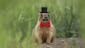 Meme of a groundhog wearing a top hat and red bow tie, looking ready to see his shadow and possibly start a fashion trend.