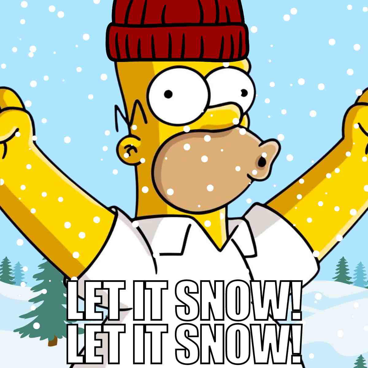let it snow meme Cartoon character excitedly welcomes snowflakes, arms raised in joyful celebration, with 'Let it snow! Let it snow!' text highlighting this snowthemed meme moment.