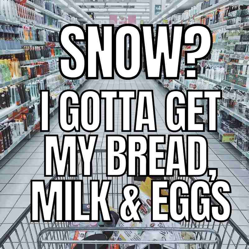 milk bread snow meme Snow meme showing a frantic grocery shopper stocking up on bread, milk, and eggs as if preparing for a snowpocalypse.