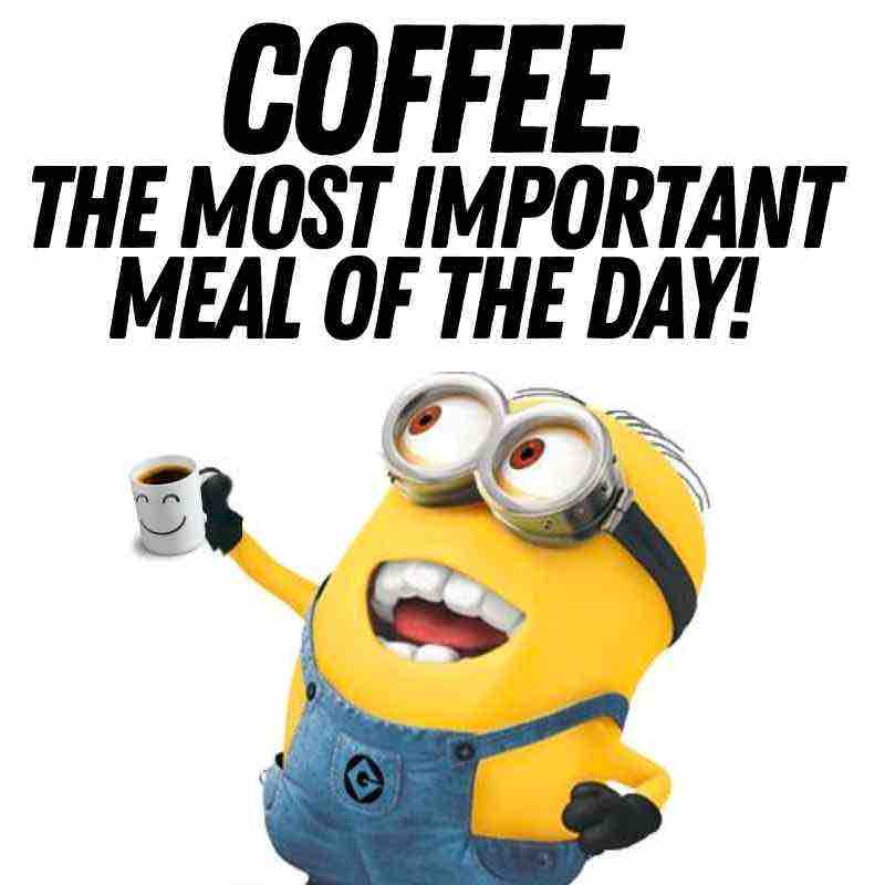 minion coffee meme A gleeful Minion holding a smiling coffee cup declares coffee as "the most important meal of the day!" in this humorous meme.