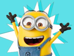 A jubilant Minion meme featuring a gogglewearing yellow Minion with arms raised, wearing blue overalls and grinning excitedly in front of a starburst background.