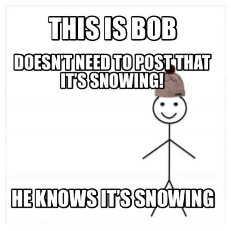 post snowing meme Stick figure meme humorously reminding us not to state the obvious about snow, featuring Bob wearing a beanie and coolheaded common sense.