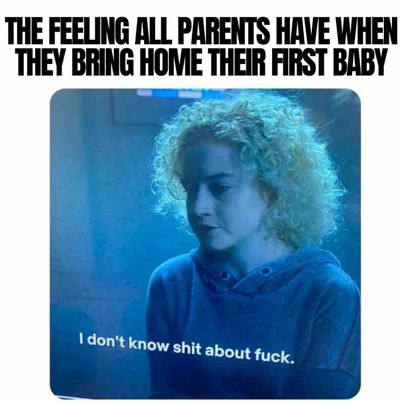 ruth ozark meme i dont know parenting Meme titled 'The Feeling All Parents Have When They Bring Home Their First Baby' showing a bewildered person saying, 'I don't know shit about fuck,' capturing the essence of new parent confusion.