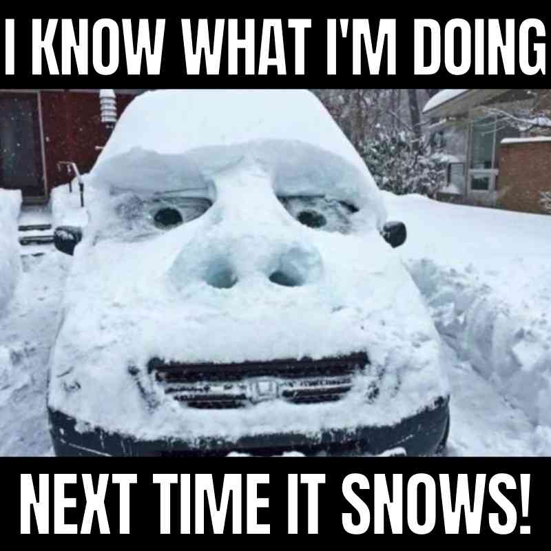 snow face meme A snowcovered car with a comical face sculpted into the snow, featuring the caption 'I KNOW WHAT I'M DOING NEXT TIME IT SNOWS!' humorously emphasizing winter creativity.