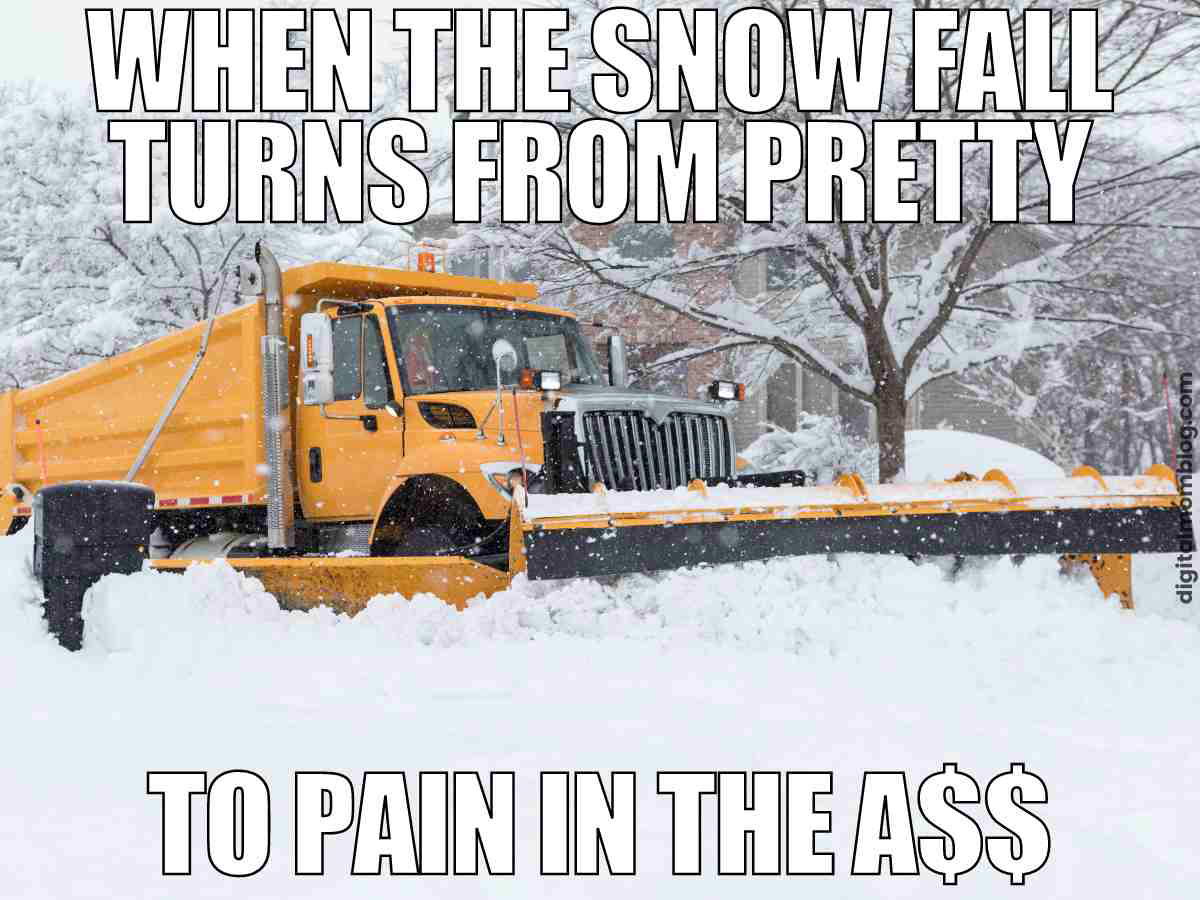 snow fall meme A meme showing a bright yellow snowplow amidst a heavy snowstorm with the caption: 'When the snow fall turns from pretty to pain in the a$$,' capturing the humor in dealing with excessive snow.