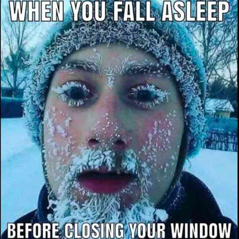 snow frozen face meme Meme of a person covered in frost with icy eyebrows and beard, captioned "When you fall asleep before closing your window," humorously depicting the perils of winter.
