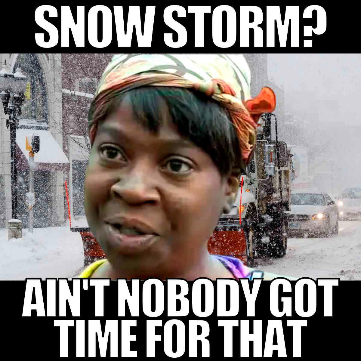 snow storm meme funny Humorous meme featuring a skeptical woman superimposed on a snowy street with text saying 'Snow storm? Ain't nobody got time for that.'
