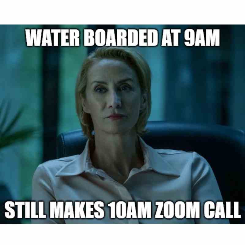zoom ozark meme Meme of a serious woman with text: 'Water boarded at 9AM, still makes 10AM Zoom call.' This captures the endurance of remote work humorously.