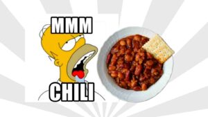 Meme featuring a cartoon character with drool and wide eyes lustfully eyeing a bowl of chili with a cracker, captioned 'MMM CHILI'  clearly a spicy love affair!