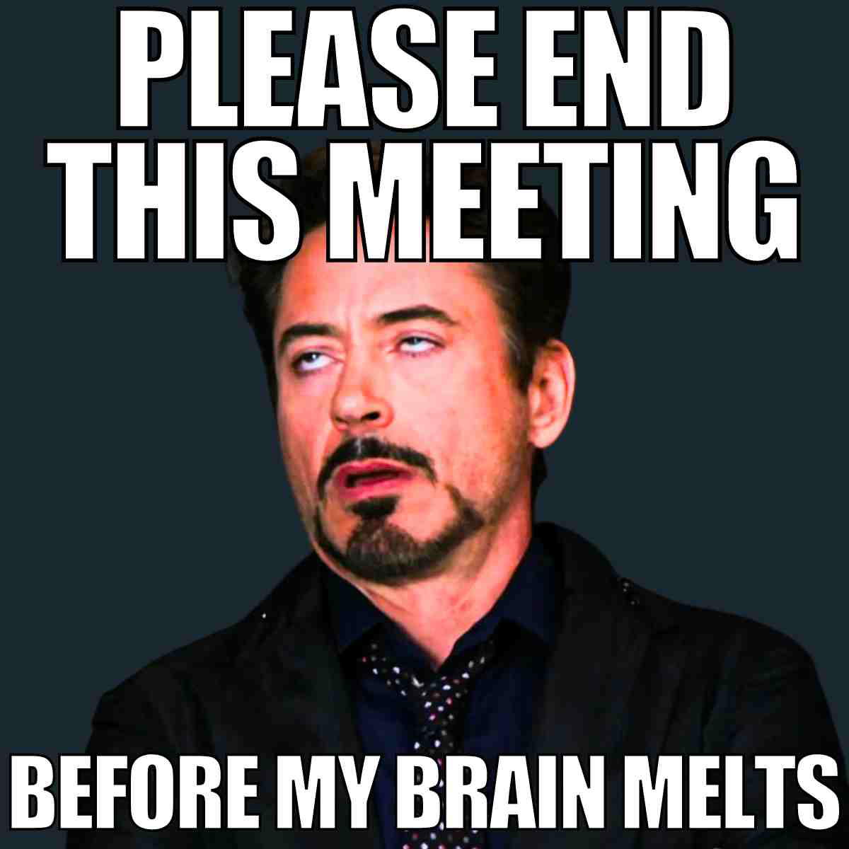 end this meeting meme Meme image of a man with an exasperated expression and rolling eyes, captioned "PLEASE END THIS MEETING BEFORE MY BRAIN MELTS."