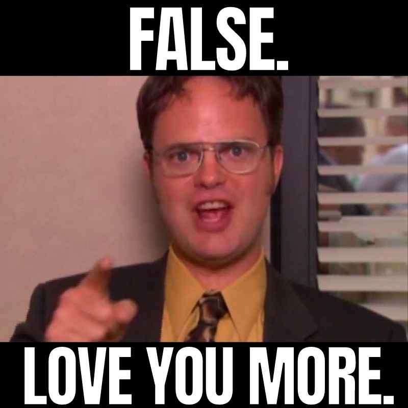 false love you more meme Meme showing a bespectacled office worker in a brown suit declaring "FALSE. Love you more," capturing the essence of office banter and humor.