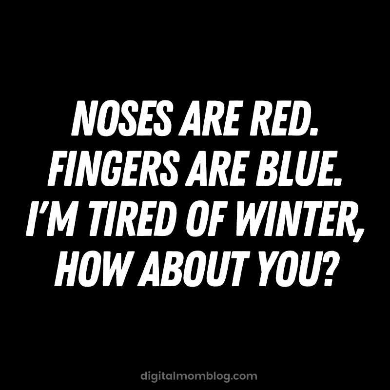 tired of winter meme Winter meme with a humorous poem: 'Noses are red, fingers are blue, I'm tired of winter, how about you?'