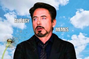 Meme featuring a man with an eyerolling expression under the words 'ALLERGY MEMES,' set against a blue sky with a dandelion exploding pollen nearby, humorously capturing the woes of allergy season.