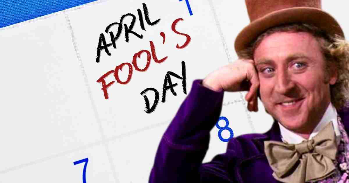 April Fools' Day meme featuring a playful man in a purple suit sitting next to a calendar marked with "April Fool's Day," ready to unleash some mischief.