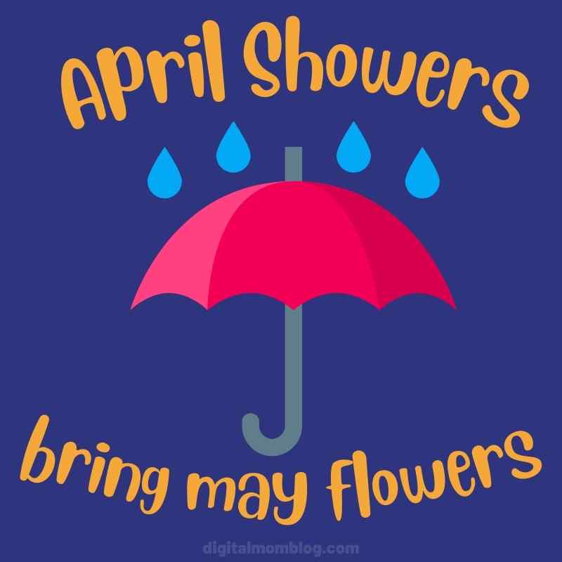 april showers image Cheerful April meme featuring the phrase 'April Showers Bring May Flowers' with a colorful umbrella defying a mini drizzle—because becoming a garden gnome was always a life goal.