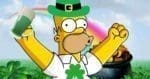 Cartoon character celebrates St. Patrick's Day wearing a green leprechaun hat, holding a green beer, with a pot of gold and rainbow in the background, epitomizing festive meme humor.