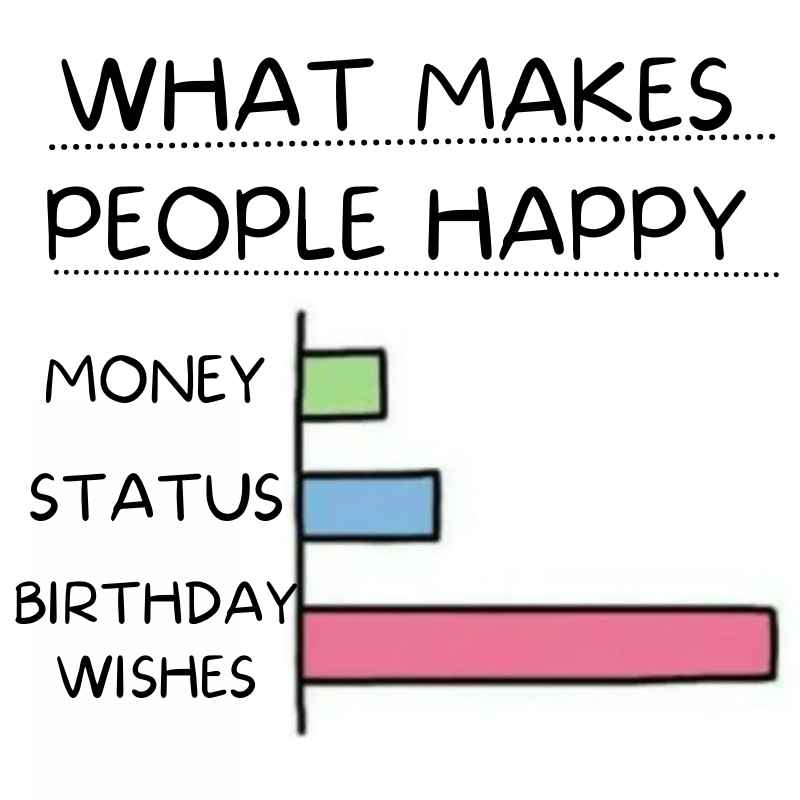 its my birthday image Humorous birthday meme featuring a bar chart showing 'Birthday Wishes' ranked far above 'Money' and 'Status' as what makes people happy.