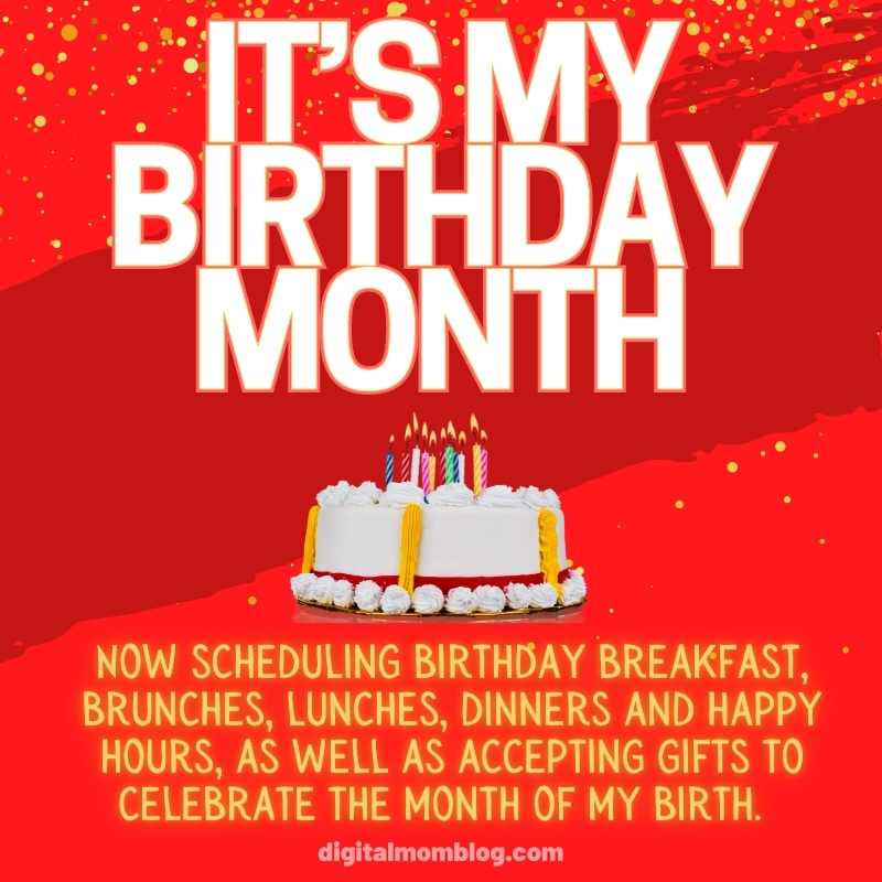 its my birthday month meme image 2022 Meme with a festive cake and colorful candles declaring 'It's My Birthday Month,' humorously suggesting scheduling meals and accepting gifts all month long.