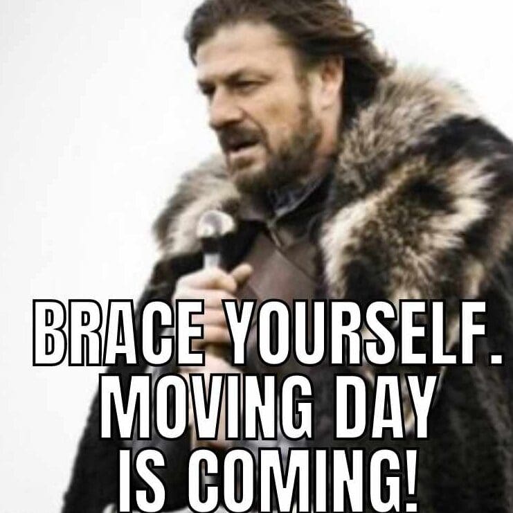 moving day meme edited Humorous meme of a medieval-looking man dressed warmly, declaring, 'Brace yourself. Moving day is coming!' - a playful twist on the famous 'brace yourself' meme.