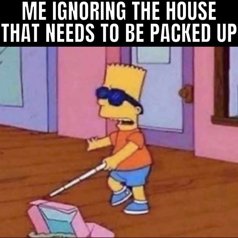 moving packing meme Meme of a cartoon character pretending to be blind and ignoring a mess, illustrating procrastination humor with the caption "Me ignoring the house that needs to be packed up."