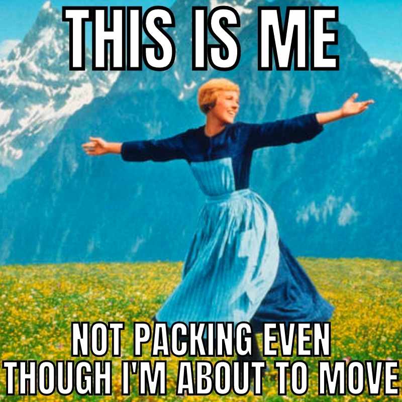 not packing meme moving Meme of a person joyfully spinning in a field under the text 'This is me not packing even though I'm about to move,' humorously highlighting procrastination before moving day.