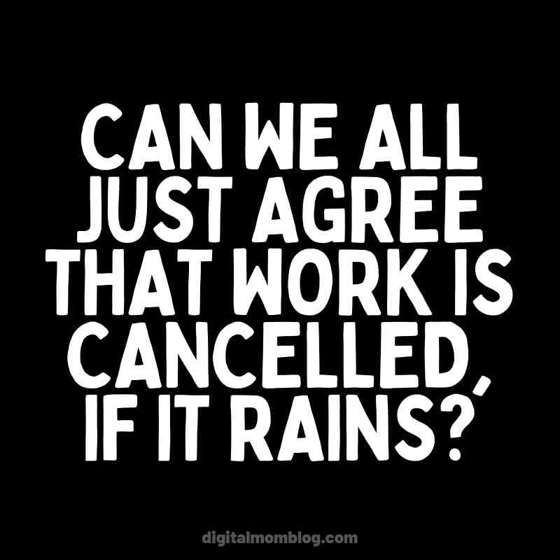Humorous meme with text: 'Can we all just agree that work is cancelled if it rains?' suggesting a humorous weather-based excuse for work cancellation.