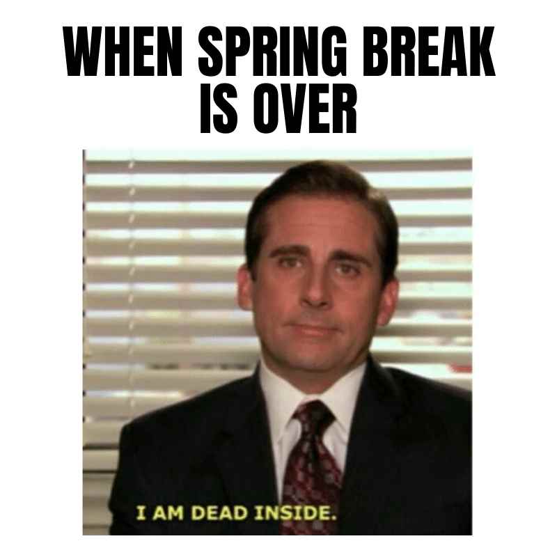 returning from spring break meme Meme of a man with a defeated expression captioned 'When Spring Break is Over' and 'I am Dead Inside,' humorously capturing post-vacation blues.