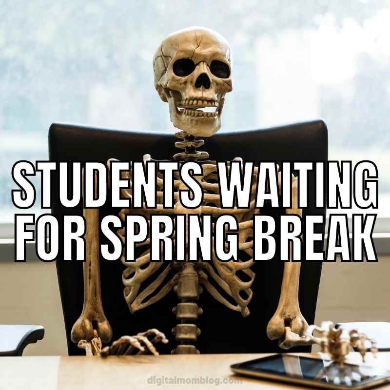 student spring break meme Meme of a skeleton sitting at a desk with text 'Students Waiting for Spring Break,' humorously capturing the eternal wait before vacation.