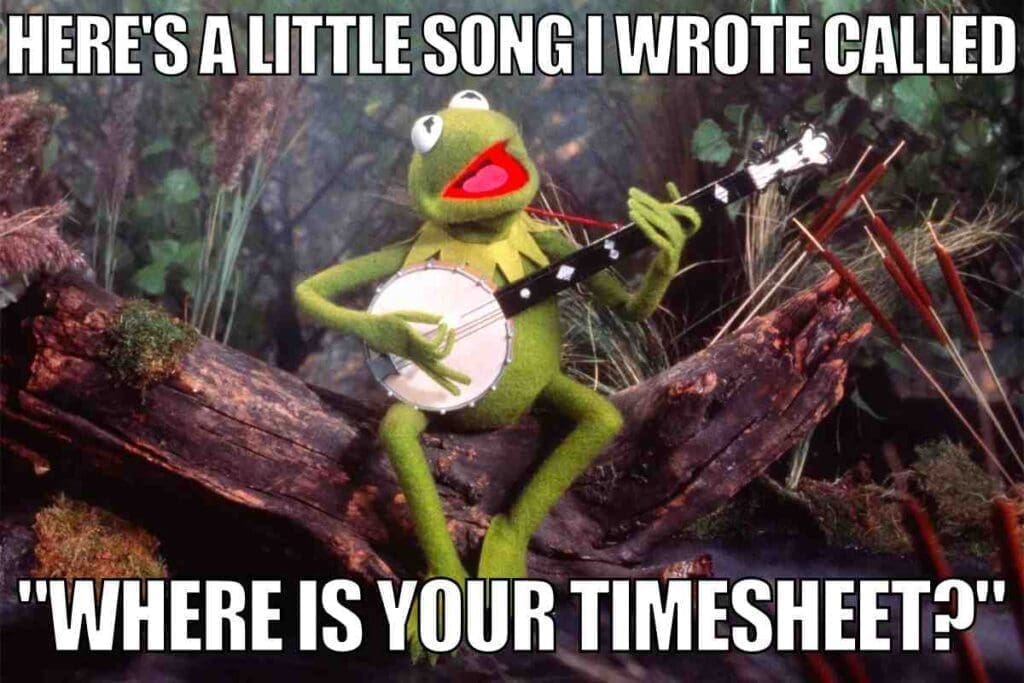 funny meme timesheet Meme featuring a famous frog strumming a banjo with text saying "Here's a little song I wrote called 'Where is your timesheet?'", humorously mocking the perpetual hunt for timesheets.