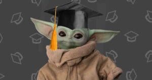 Adorable alien character in a graduation cap, proving the Force is strong with this one, celebrating commencement with interstellar flair. Graduation meme humor abounds!