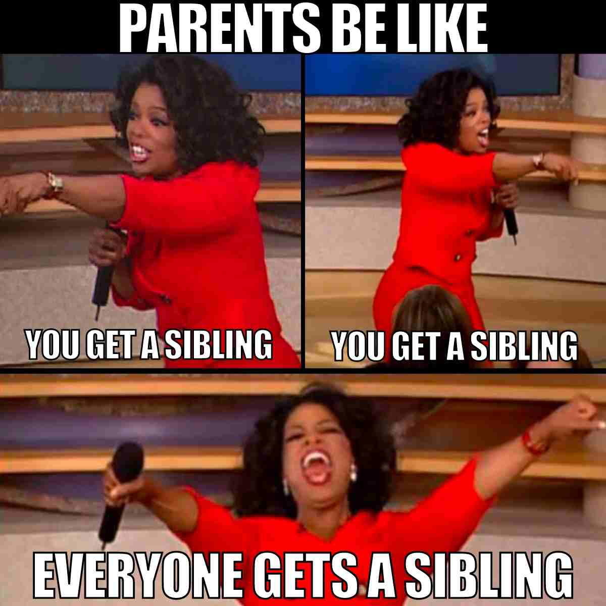 sibling meme funny A humorous meme featuring a well-known talk show host exclaiming 'You get a sibling! Everyone gets a sibling!' in a style reminiscent of the famous giveaway episodes, perfectly capturing the chaotic yet relatable experience of parents casually turning every child into a big brother or sister, and every sibling getting a new partner-in-crime, whether they asked for it or not.