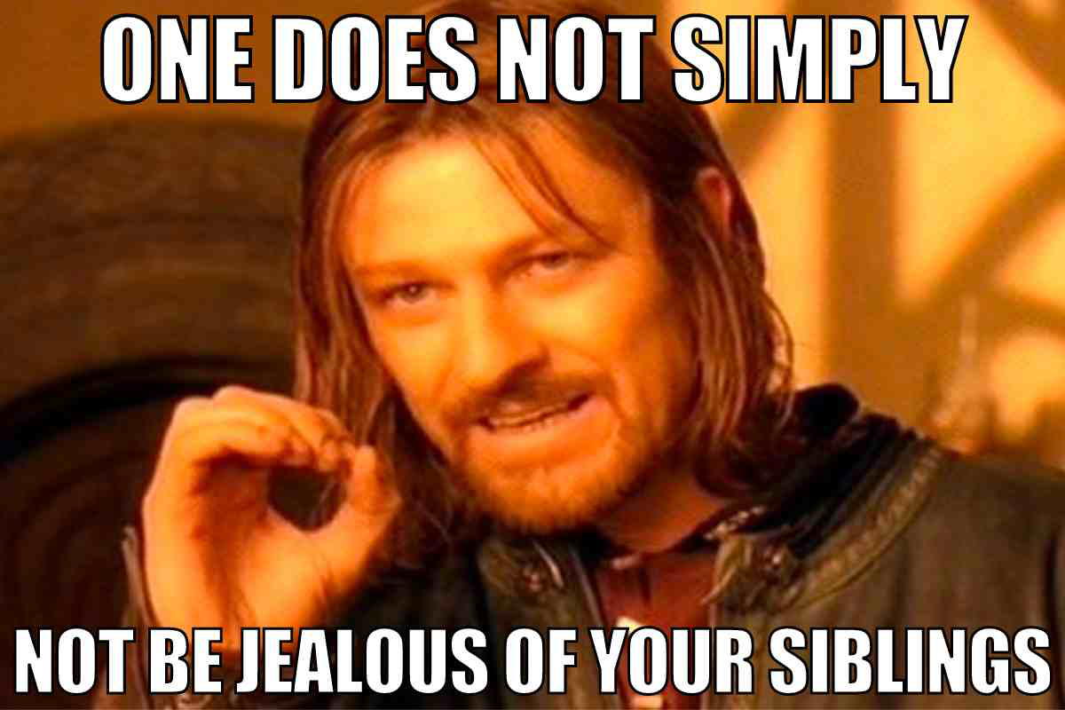 sibling rivalry meme A classic meme image featuring an intense character declaring, 'One does not simply not be jealous of your siblings,' capturing the universal struggle of sibling rivalry with a knowing smirk worthy of reaching across the dinner table for that last slice of pizza before your brother does.