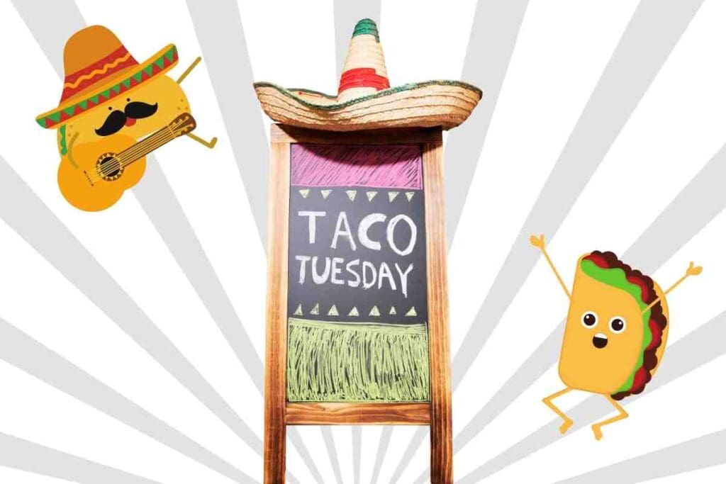 Taco Tuesday meme with a sombrerowearing taco playing guitar and another taco dancing joyfully around a chalkboard announcing 'Taco Tuesday' in a burst of festive fun.