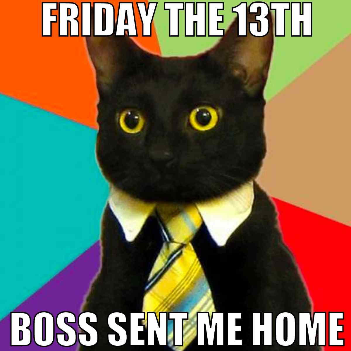 Friday the 13th office meme A meme featuring a black cat wearing a suit with big, curious eyes against a colorful background. The text reads "FRIDAY THE 13TH BOSS SENT ME HOME," capturing the classic Friday humor as if even bosses feel the spooky vibes and decide it's time to call it a day early.