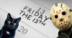 A wideeyed black cat and a hockeymaskwearing figure awkwardly share a spotlight on a calendar page marked 'Friday the 13th,' as if contemplating what spooky fun awaits—or if a nap is more appealing.