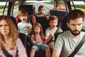 funny are we there yet meme photo of 4 kids tired in the car with exhausted parents on a road trip