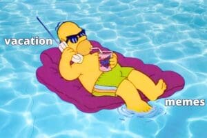 Cartoon character lounging on a pool float, sipping a drink and talking on a phone, embodies ultimate vacation chill vibes in this funny meme.