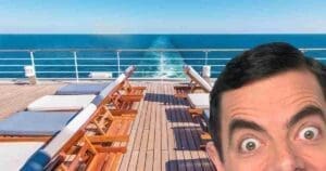 Meme featuring a surprised man peeking into an empty cruise ship deck with the ocean in the background, suggesting he just realized everyone else took the buffet line too seriously.
