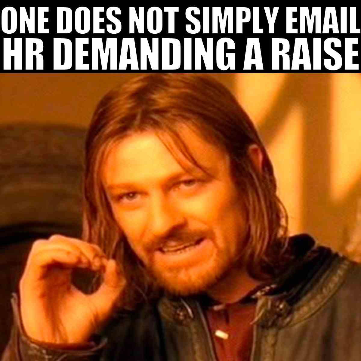email hr meme Humorous HR meme featuring a man with long hair humorously warning about emailing HR for a raise, based on the famous 'One does not simply' meme template.