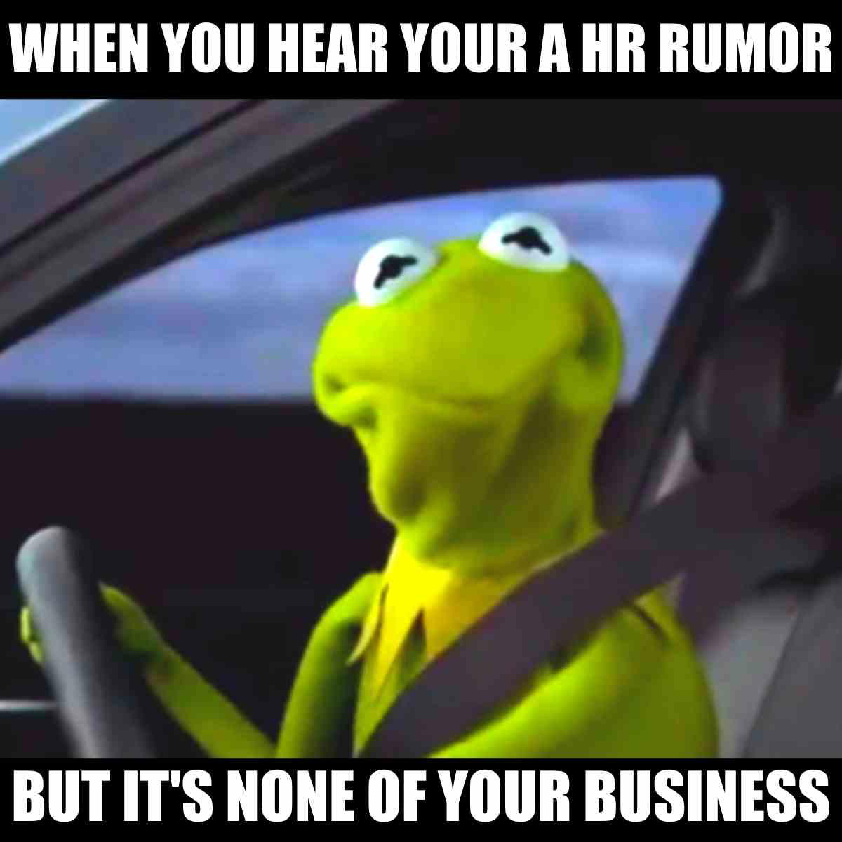 funny hr meme Kermit the Frog driving a car with a nonchalant expression, captioned "When you hear an HR rumor but it's none of your business." Humorous HR meme.