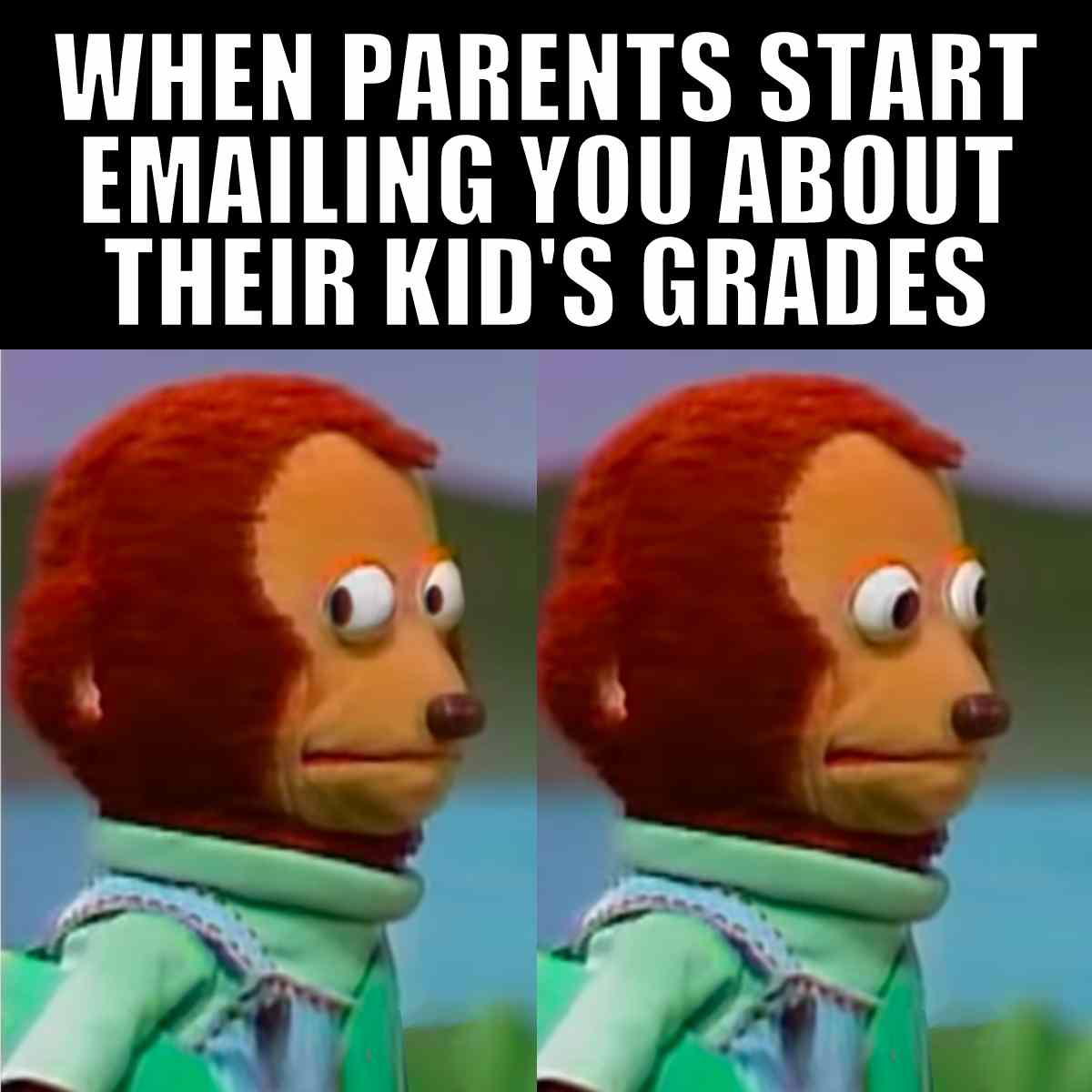 parents grades meme Meme with side-eye puppet looking awkward, captioned 'When parents start emailing you about their kid's grades.'