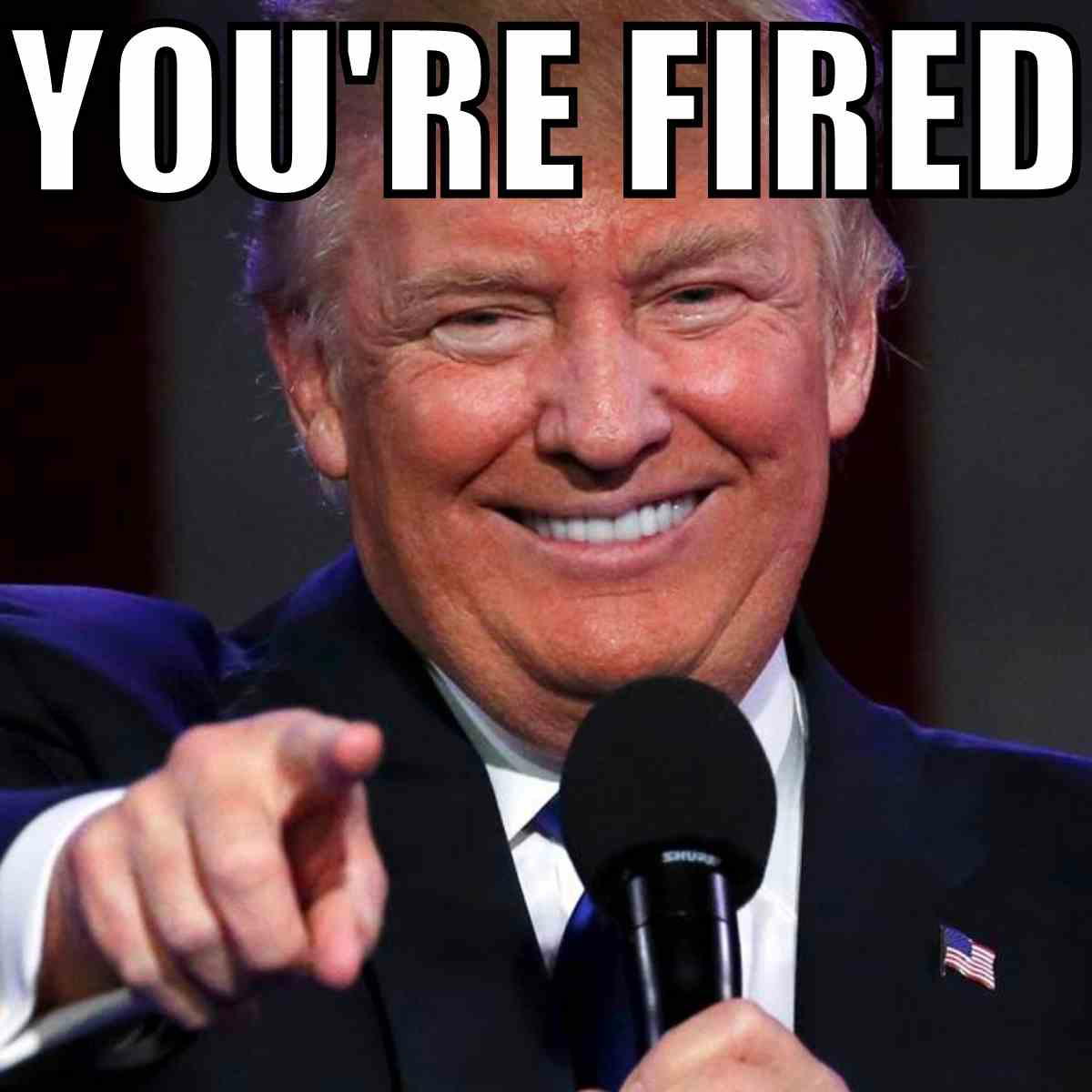 your fired trump meme Meme featuring a beaming Donald Trump pointing with the text "You're Fired"; a cheeky nod to his reality TV catchphrase.